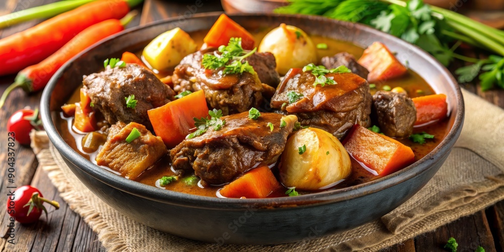 Close-up of a Rustic Beef Stew with Vegetables in a Black Bowl, Rustic Wood Table, Beef Stew, Stew Recipe, Beef Dinner, Comfort Food Close-up of a Rustic Beef Stew with Vegetables in a Black Bowl, Rustic Wood Table, Beef Stew, Stew Recipe, Beef Dinner, Comfort Food