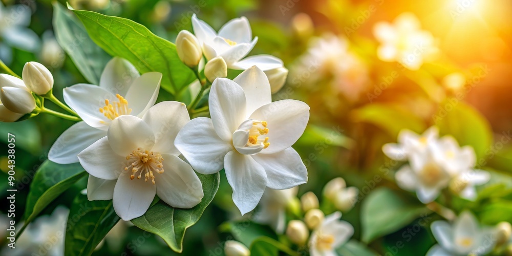 Close-up of Delicate White Jasmine Flowers in Sunlight, Green Leaves, Macro Photography, Nature, Blossom, Spring, Fragrant Close-up of Delicate White Jasmine Flowers in Sunlight, Green Leaves, Macro Photography, Nature, Blossom, Spring, Fragrant