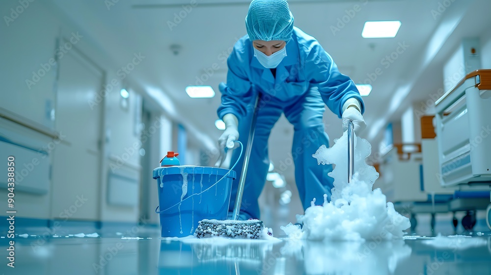 Blue uniformed janitor with cleaning tools and suds bucket, hospital