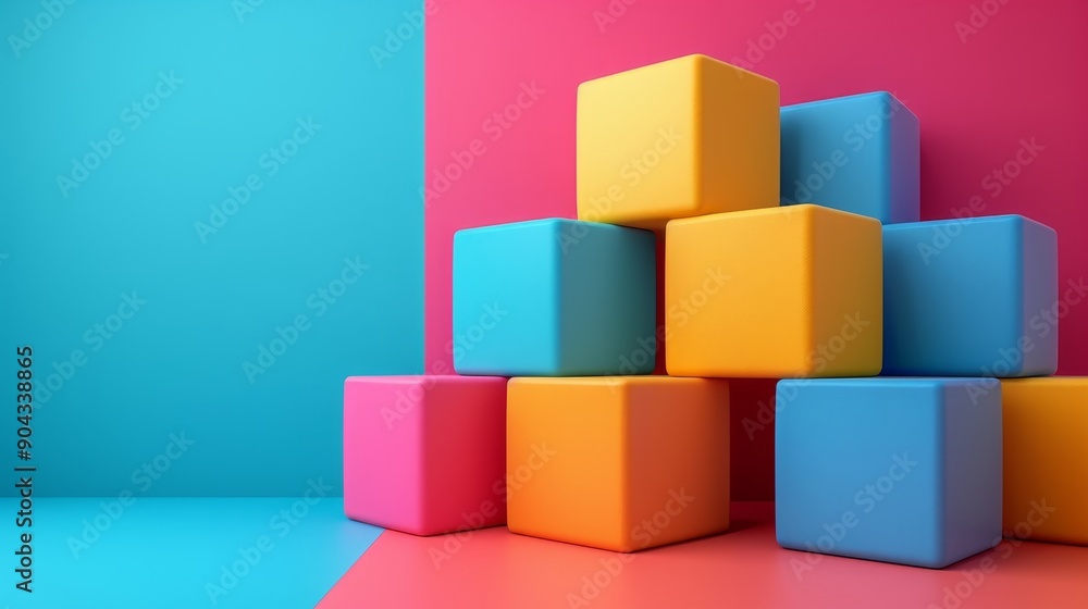 A stack of colorful blocks on a blue background A stack of colorful blocks on a blue background