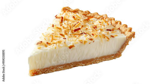 Zoomed-in view of a piece of coconut cream pie with crispy coconut shavings on a clear backdrop