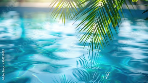 A leafy green palm tree is shown in the foreground of a blue sky background. Concept of relaxation and tranquility, as the palm tree's leaves sway gently in the breeze