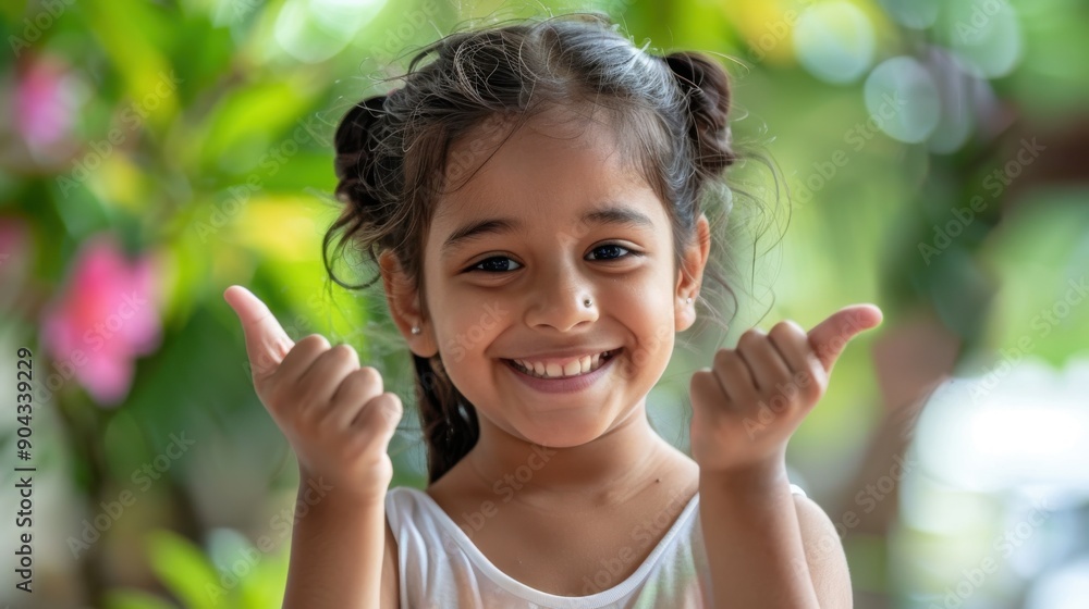 Happy Indian Asian small girl showing a perfect sign, with a joyful expression Happy Indian Asian small girl showing a perfect sign, with a joyful expression