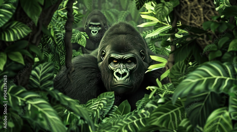 Gorilla hiding in jungle foliage. Gorilla hiding in jungle foliage.