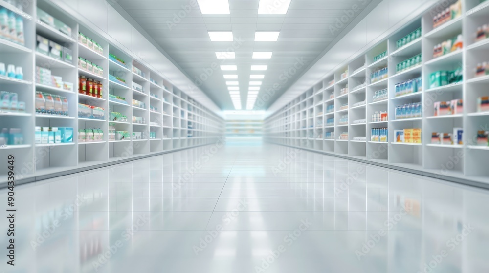 A large empty supermarket aisle with a red sign hanging from the ceiling A large empty supermarket aisle with a red sign hanging from the ceiling