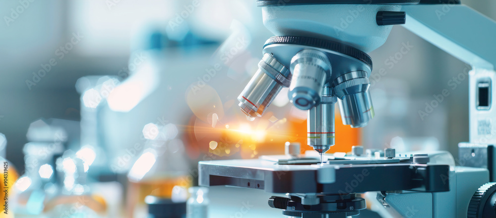 Close-up image of a microscope in a modern laboratory setting with a blurred background. Close-up image of a microscope in a modern laboratory setting with a blurred background.