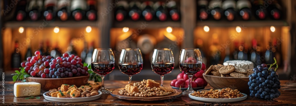 A rustic table setting with four glasses of red wine, grapes, cheese, and various snacks A rustic table setting with four glasses of red wine, grapes, cheese, and various snacks