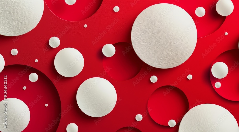 This artwork showcases a vibrant red background with graceful white circles and dots This artwork showcases a vibrant red background with graceful white circles and dots