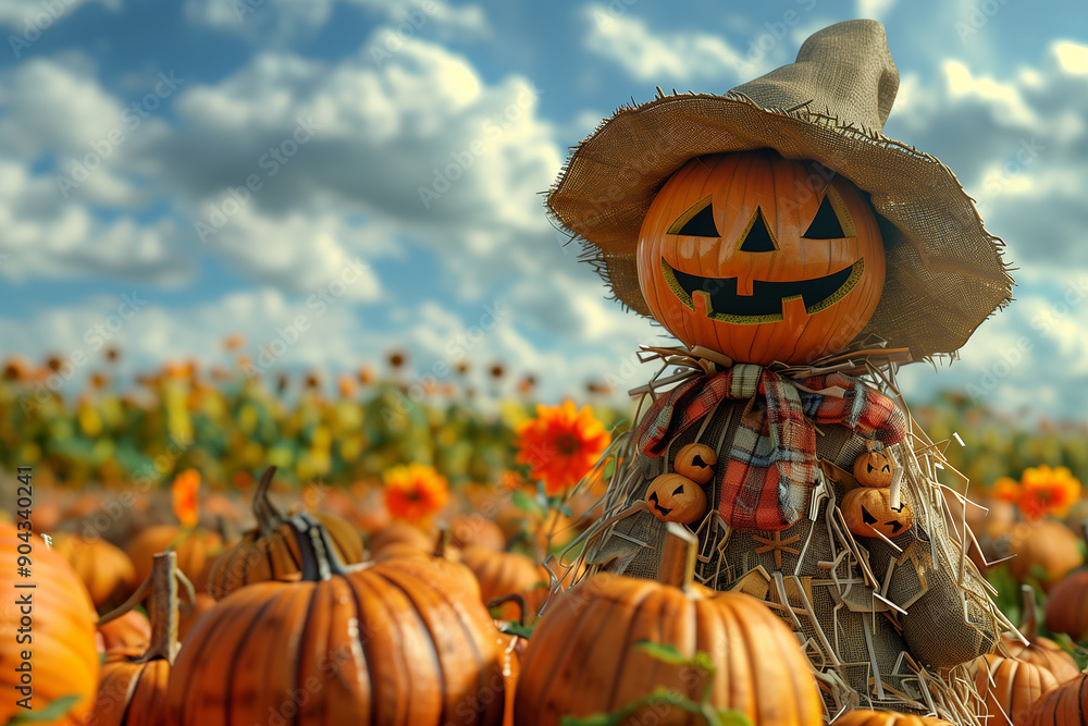 Naklejka premium Scarecrow standing in a pumpkin patch