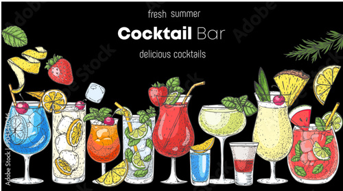 Alcoholic cocktails frame. Hand drawn vector illustration. Cocktails sketch set. Engraved style.