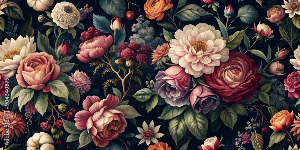 Fototapeta premium Floral Tapestry Dark Background with Detailed Pink, Red, and White Flowers, seamless pattern , floral art , botanical illustration , vintage flowers