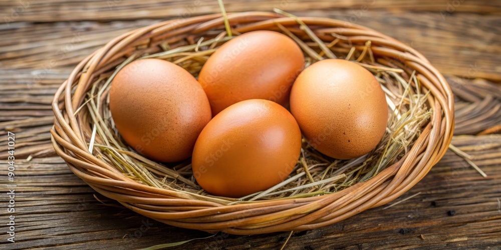 Four Brown Eggs Nestled in a Wicker Basket, Rustic Still Life Photography, Food, Eggs, Breakfast, , Four Brown Eggs Nestled in a Wicker Basket, Rustic Still Life Photography, Food, Eggs, Breakfast, ,