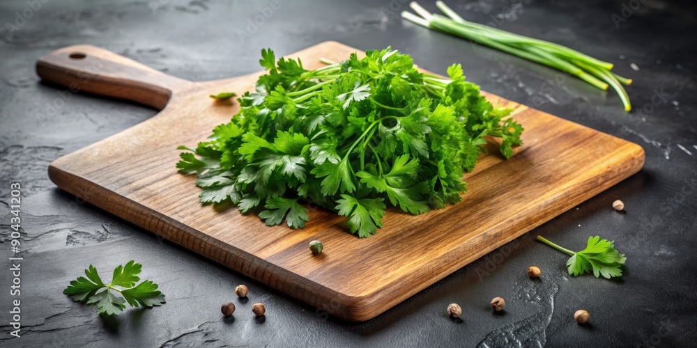 Fresh Parsley on Wooden Cutting Board, Black Background, Kitchen, Herbs, Green, Parsley, Cutting Board Fresh Parsley on Wooden Cutting Board, Black Background, Kitchen, Herbs, Green, Parsley, Cutting Board