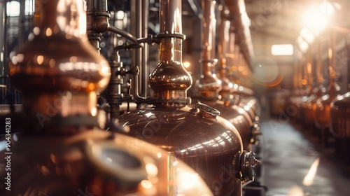 A row of copper vats are lined up in a factory