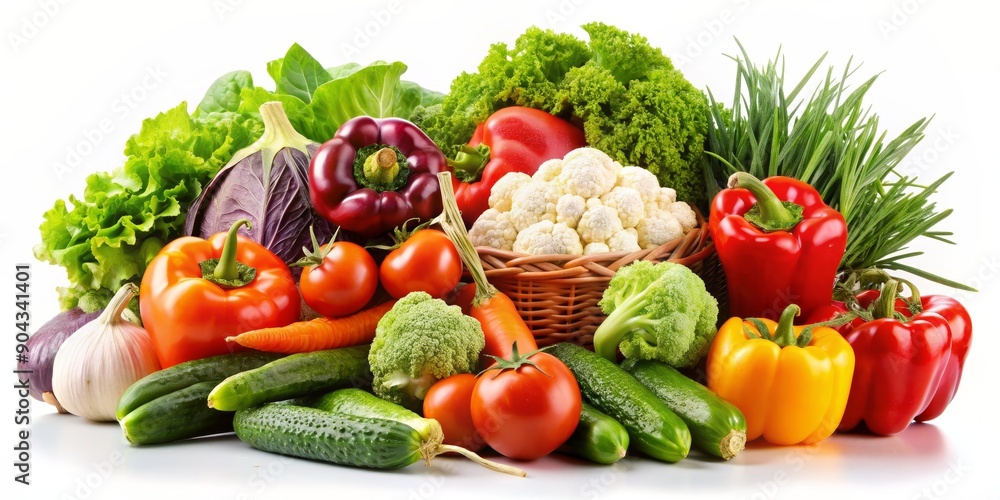 Fresh Vegetables Basket with Green Lettuce, Red Bell Pepper, Broccoli, Cauliflower, Cucumber, Tomato and Garlic, white background Fresh Vegetables Basket with Green Lettuce, Red Bell Pepper, Broccoli, Cauliflower, Cucumber, Tomato and Garlic, white background