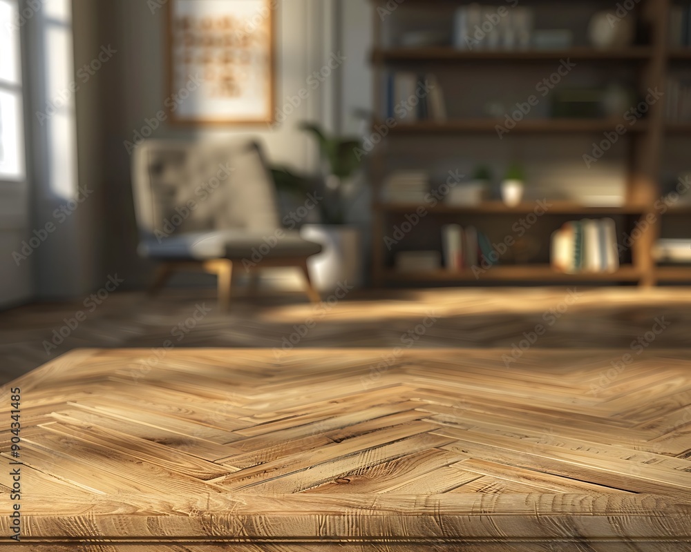 Empty wooden coffee table, chevron pattern, Scandinavian interior, natural light, wood grain highlight, blurred chair and bookcase, framed poster. Empty wooden coffee table, chevron pattern, Scandinavian interior, natural light, wood grain highlight, blurred chair and bookcase, framed poster.