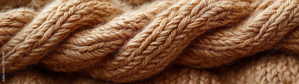 Fototapeta premium Cozy Knit Sweater: A detailed close-up of a cozy knit sweater, highlighting the texture of the yarn and the intricate knitting pattern.