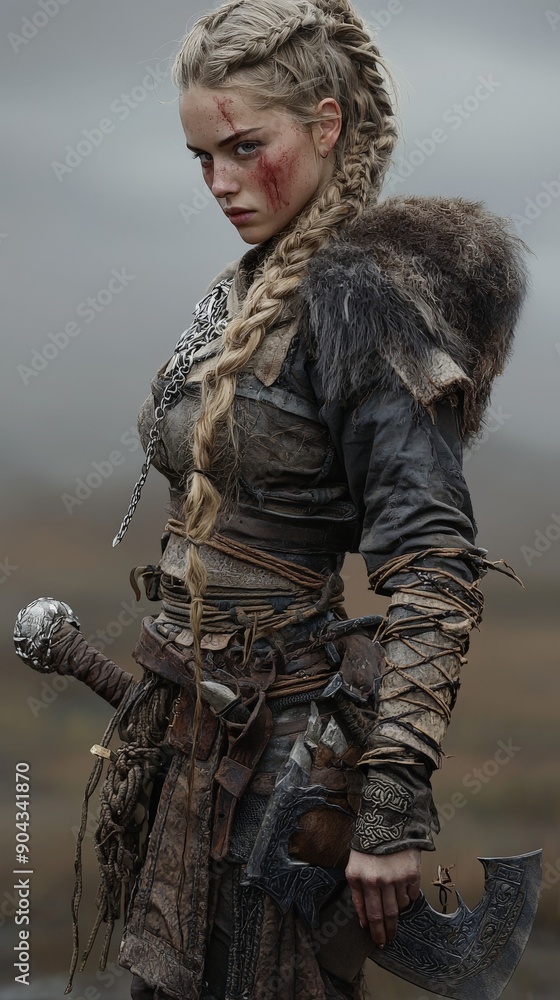Naklejka premium a blonde viking woman with armor and weapons in a dynamic pose