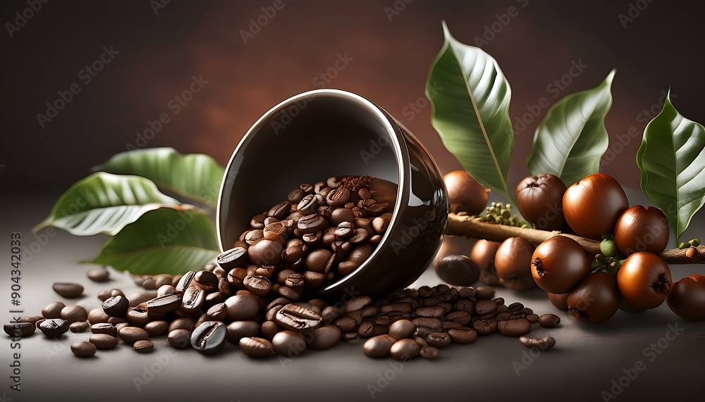 Obraz premium Roasted coffee beans spilling from a glossy black cup onto a textured surface