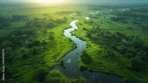 Aerial view of a river winding through lush green fields.