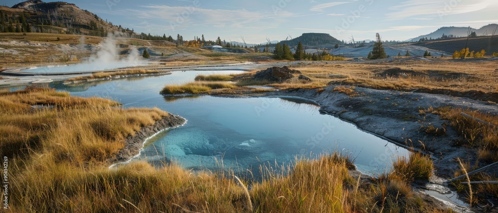 A beautiful landscape with a large body of water surrounded by grass A beautiful landscape with a large body of water surrounded by grass