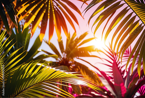 Wallpaper Mural summer background featuring colorful leaves artistic depiction palm trees summer shades botanical tropical leaves sunlight shadows pink yellow hues banner Torontodigital.ca