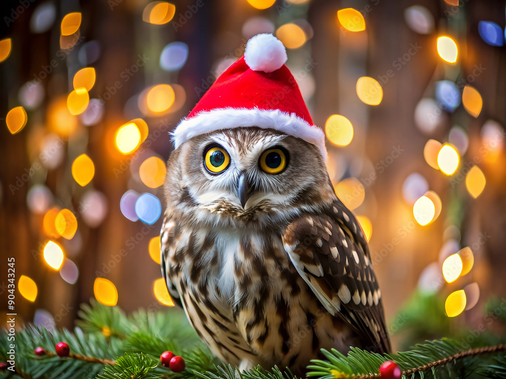 Cute little owl in santa claus hat sitting on spruce branch looking at camera Cute little owl in santa claus hat sitting on spruce branch looking at camera