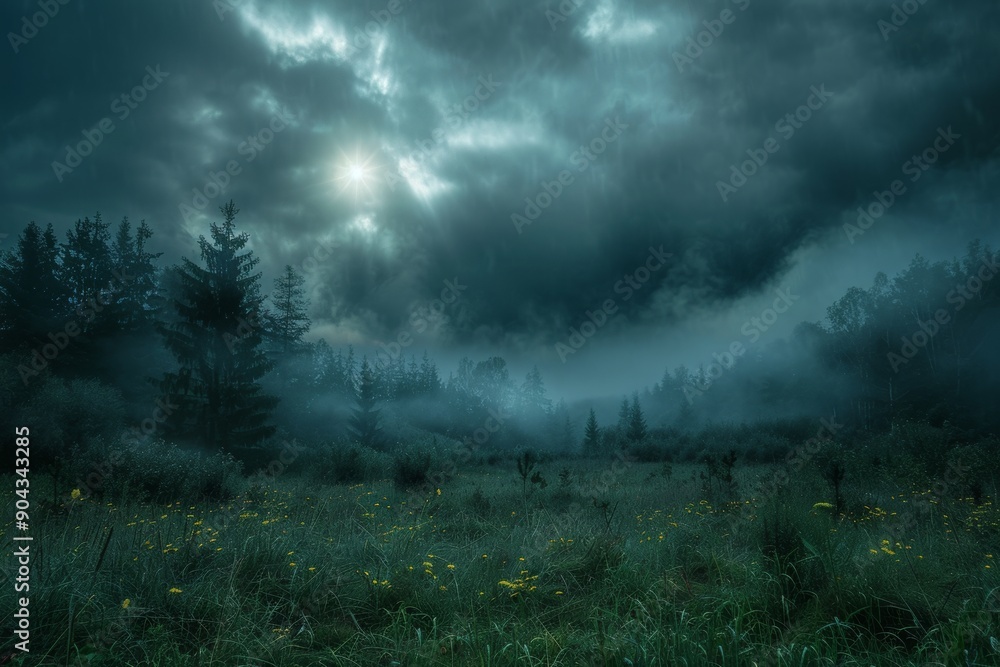 Fototapeta premium Dark, magic forest with warm light rays in autumn