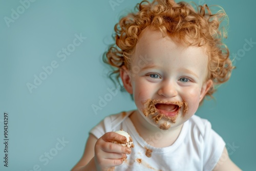 Cheerful baby boy curly hair and joyful smile his face. Vividly joyful boy curly hair bringing happiness to room. Kid savors every bite of delicious ice cream. photo