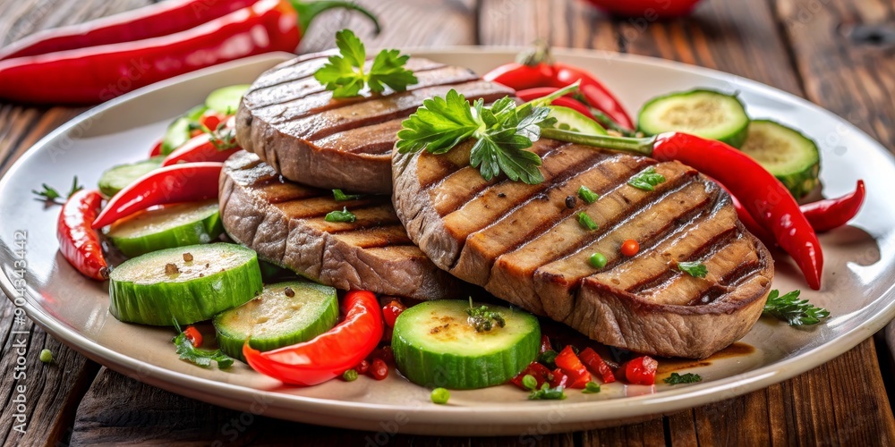 Grilled Steak with Cucumber and Peppers, Food Photography, Steak, Cucumber, Peppers, Grill Grilled Steak with Cucumber and Peppers, Food Photography, Steak, Cucumber, Peppers, Grill