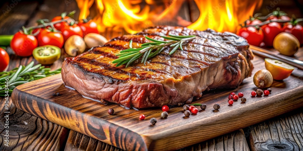 Grilled Steak on Rustic Wooden Board with Rosemary and Flames, steak, grilling, food, recipe Grilled Steak on Rustic Wooden Board with Rosemary and Flames, steak, grilling, food, recipe