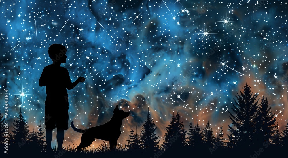 Fototapeta premium Illustration of a cartoon boy with a magic kite, but in the real world as a silhouette photo manipulation