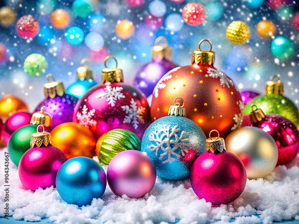 Many colorful shiny Christmas New Year balls of different sizes on snow Many colorful shiny Christmas New Year balls of different sizes on snow