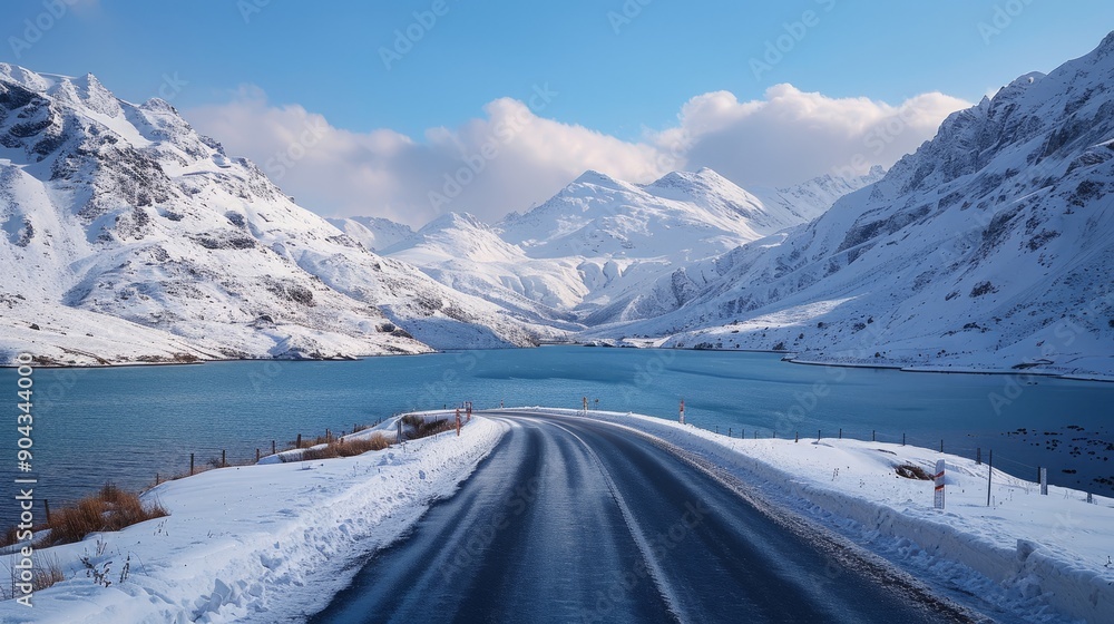 Snowy mountain road next to tranquil lake under blue sky