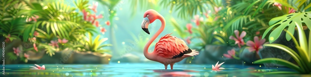 Naklejka premium 3d cartoon flamingo in water.
