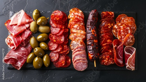 Traditional spanish tapas platter with cured meats and olives at a rustic table setting
