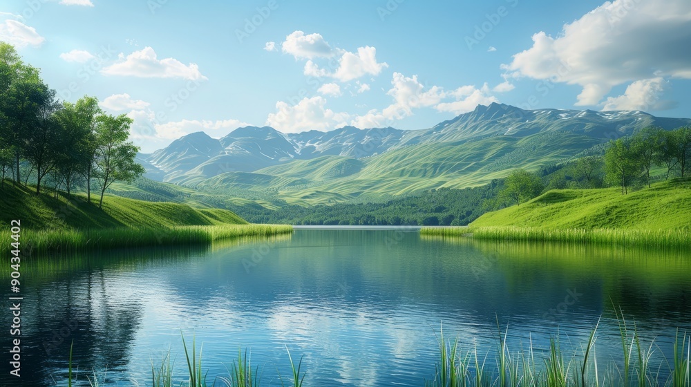 Serene lake surrounded by lush hills under a clear blue sky Serene lake surrounded by lush hills under a clear blue sky