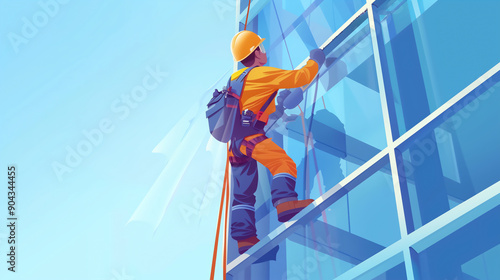 Steeplejack Window Washer on Skyscraper: Glossy Flat Vector Ideal for Banners and Billboards photo