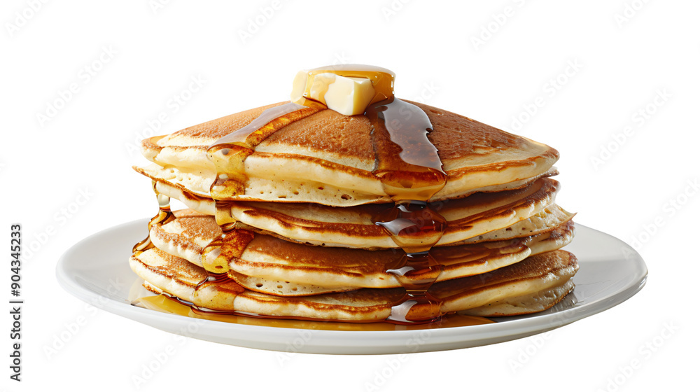 Pile of soft pancakes topped with melted butter and syrup on a clean white dish, set against a clear background Pile of soft pancakes topped with melted butter and syrup on a clean white dish, set against a clear background