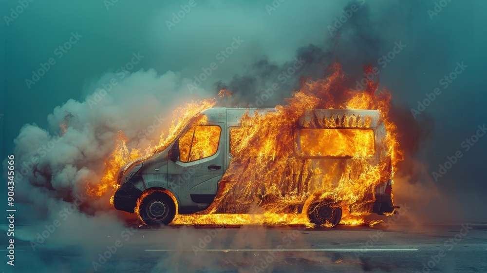 A car is on fire and the flames are shooting out of the back. The car is surrounded by smoke and the sky is dark. Scene is intense and dramatic A car is on fire and the flames are shooting out of the back. The car is surrounded by smoke and the sky is dark. Scene is intense and dramatic