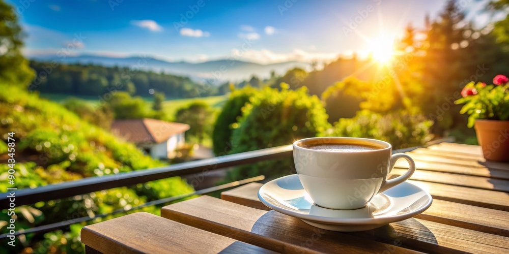 Morning Coffee on a Patio with a Mountain View, cup, saucer, landscape, nature, sunrise Morning Coffee on a Patio with a Mountain View, cup, saucer, landscape, nature, sunrise