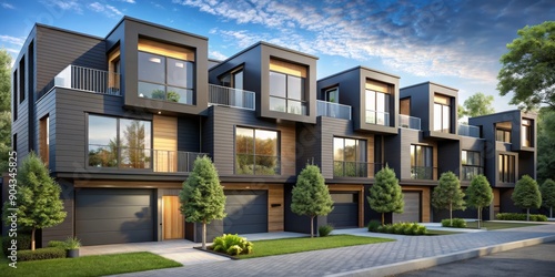 Fototapeta Naklejka Na Ścianę i Meble -  Modern Townhomes with Black Siding and Balconies, 3D Rendering, Contemporary Architecture, Exterior Design, Home Design, townhome, modern