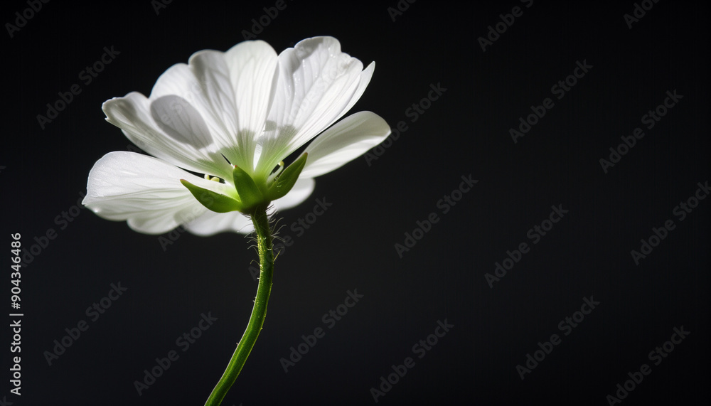 Obraz premium A single white flower stands tall with its delicate petals lit against a dark background, creating a striking contrast.