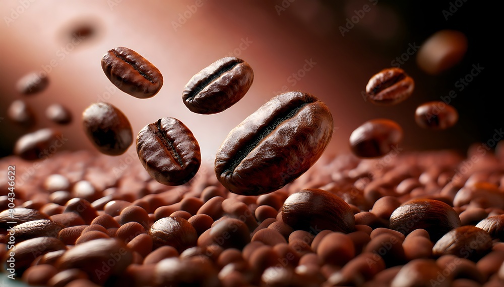 Roasted coffee beans falling on heap against brown Roasted coffee beans falling on heap against brown