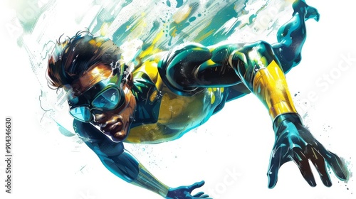 Superhero, underwater, comic style, aquatic, isolated on white background