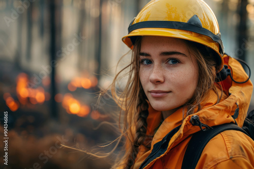 Woman firefighter against the background of a fire