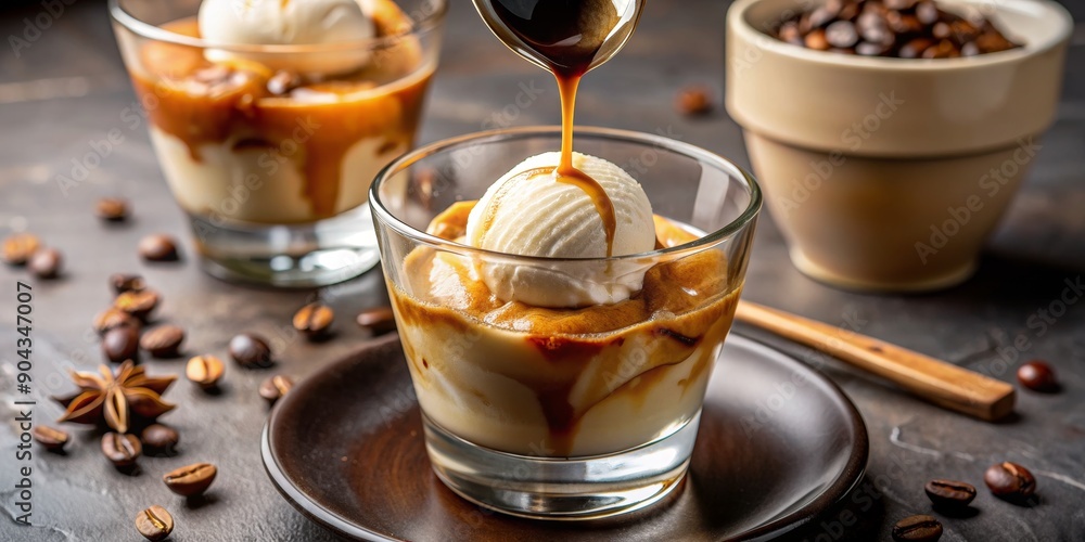 Pouring Espresso Over Vanilla Ice Cream, close up , coffee beans , iced coffee , affogato , dessert Pouring Espresso Over Vanilla Ice Cream, close up , coffee beans , iced coffee , affogato , dessert