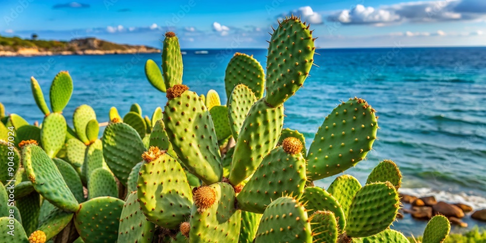 Prickly Pear Cactus Against the Mediterranean Sea, Landscape, Coastal, Nature, Flora Prickly Pear Cactus Against the Mediterranean Sea, Landscape, Coastal, Nature, Flora