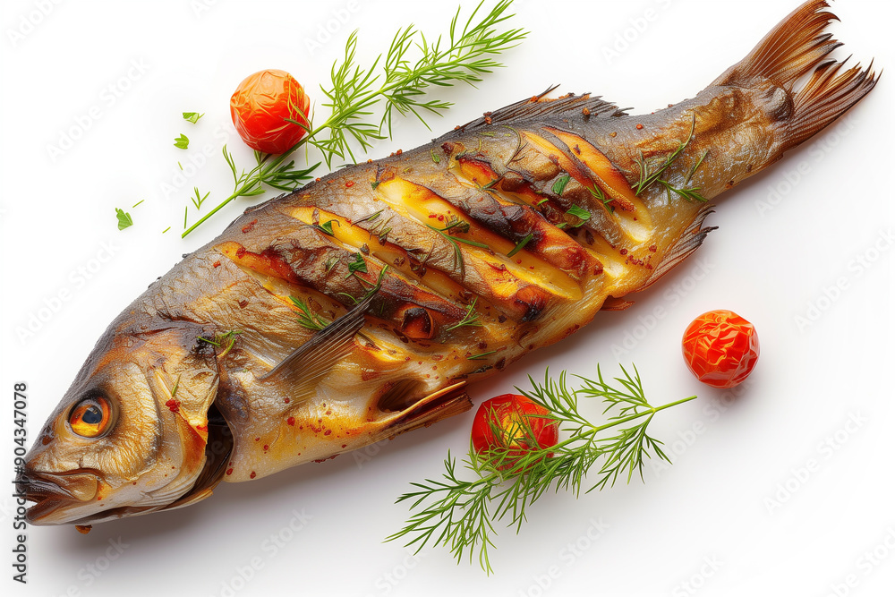 Whole roasted fish with tomatoes and dill on white background. Whole roasted fish with tomatoes and dill on white background.