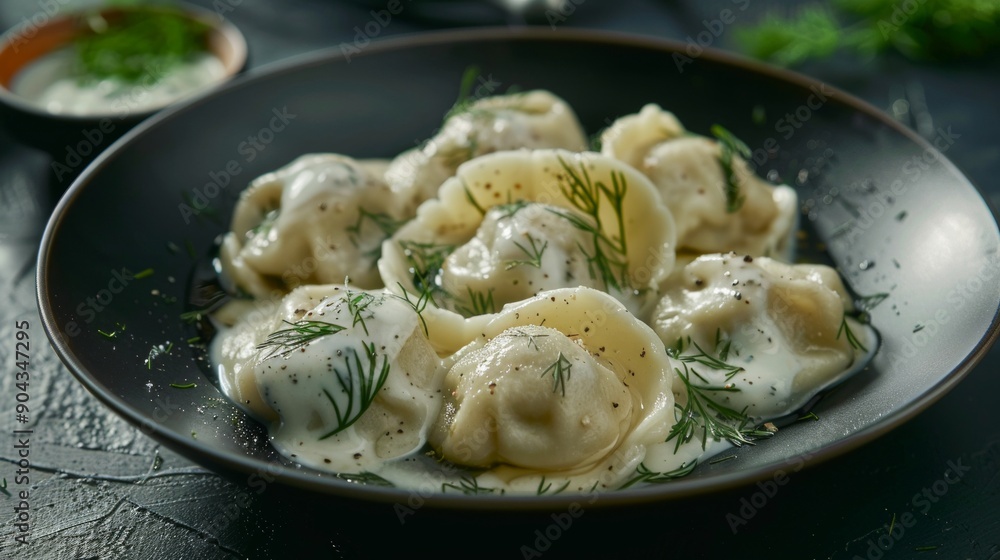 Plate of delicious dumplings with creamy sauce and fresh dill on a dark surface. Elegant and appetizing cuisine in a black bowl. Perfect for food blogs or culinary articles. AI Plate of delicious dumplings with creamy sauce and fresh dill on a dark surface. Elegant and appetizing cuisine in a black bowl. Perfect for food blogs or culinary articles. AI